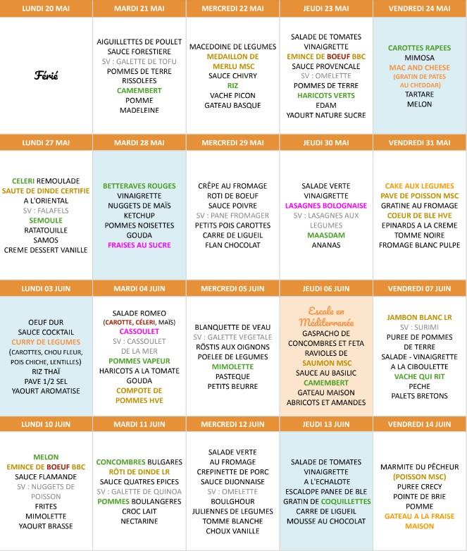6 menus su 20 mai au 14 juin 2024